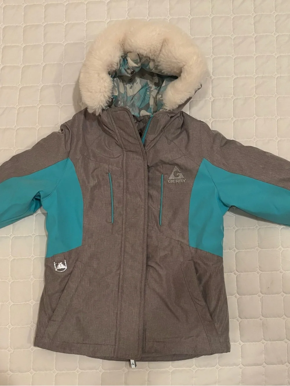 Gerry Weber Kids Gray and Teal Hooded Puffer with Faux Fur Trim
